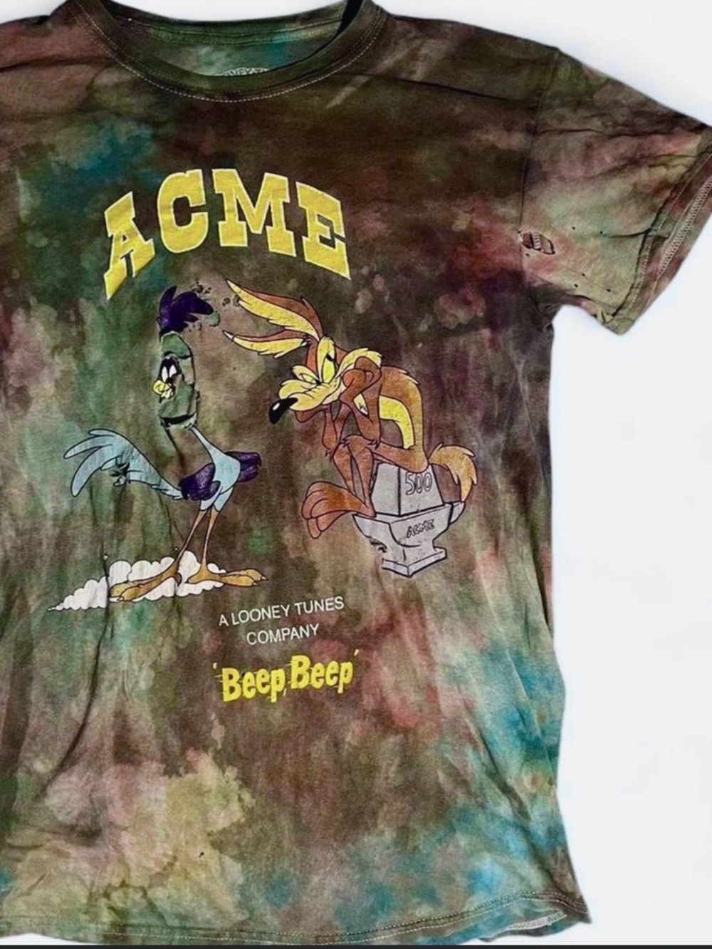 Vtg Y2K Roadrunner Wile E Coyote Shirt Acme Distressed Reworked Earth Wash Small